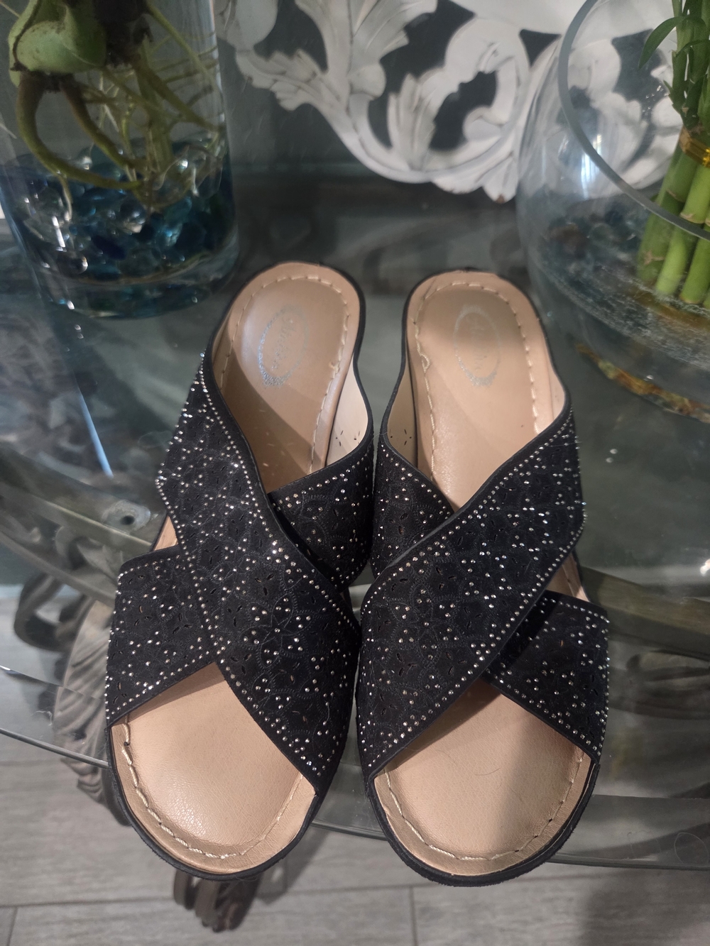 Women’s Black Cross-Strap Embellished Slide Mules